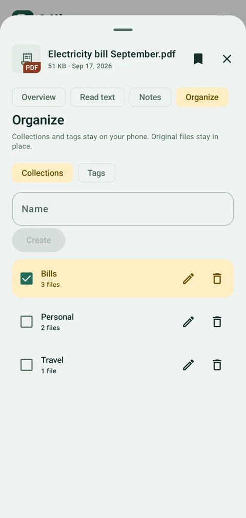 Assign a document to Bills, Personal or Travel collections, with a separate Tags tab.
