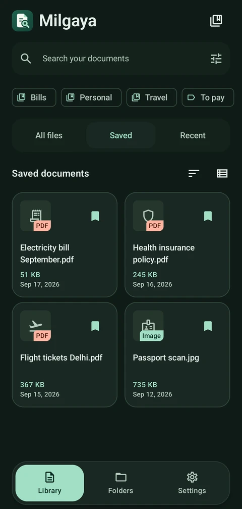 Milgaya dark theme with saved documents and collection filters.
