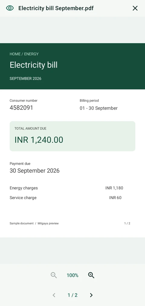 Original electricity bill displayed inside Milgaya with zoom and PDF page controls.