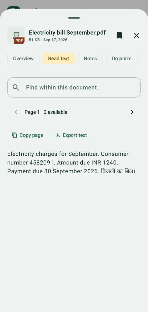 The extracted-text reader with Copy page and Export text controls.
