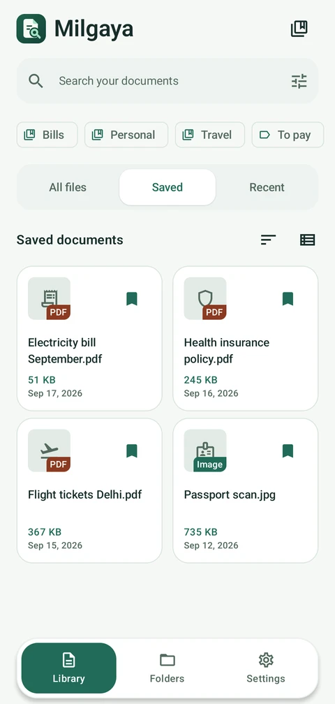 Saved documents in a two-column grid, with bookmark indicators.